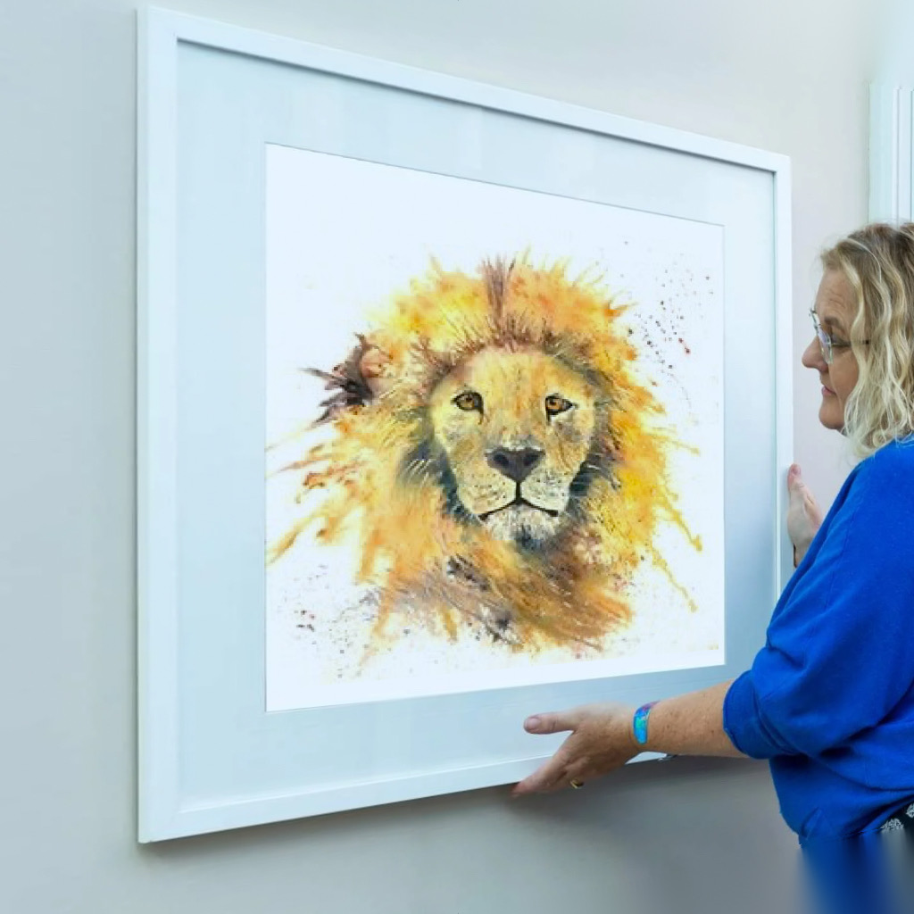 Lion watercolour framed by Joan Kennedy Artist