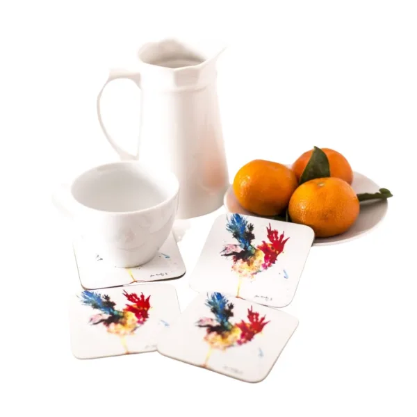 set of wooden coasters with cockerel image